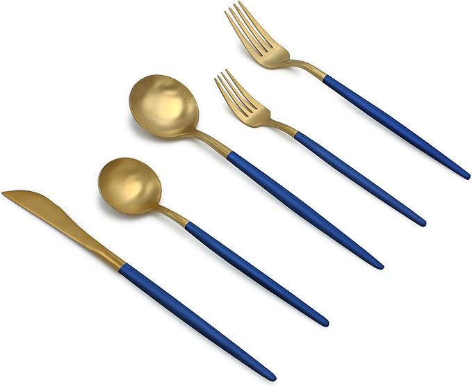 Elyon Lea 20 Piece Matte Gold/Blue Flatware Set, 18/10 Stainless Steel, Blue Thin Handles Silverware Set, Service for 4, Sturdy Cutlery Set, Heavy Duty Modern Satin Finish