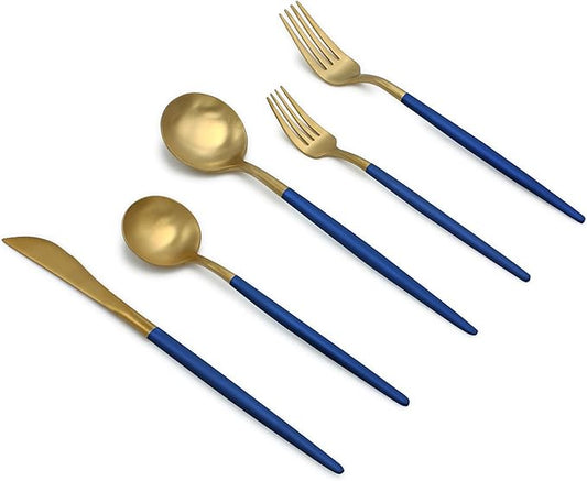 Elyon Lea 20 Piece Matte Gold/Blue Flatware Set, 18/10 Stainless Steel, Blue Thin Handles Silverware Set, Service for 4, Sturdy Cutlery Set, Heavy Duty Modern Satin Finish