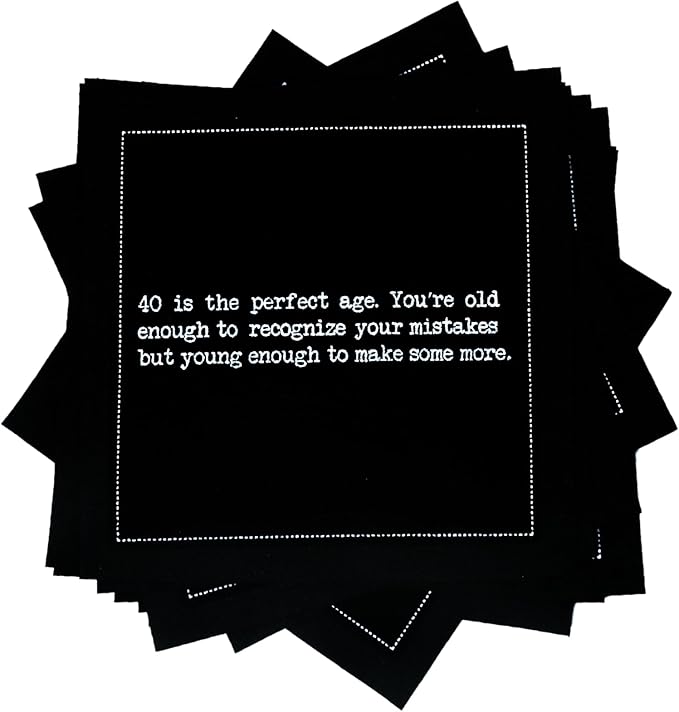 Five Star Funny 40th Birthday Quotes | Black Cotton Cocktail Napkins | 50 Luxury Disposable Beverage Napkins with Witty Bar Quotes | Drink Napkins for Parties, Bars, Weddings & Game Nights