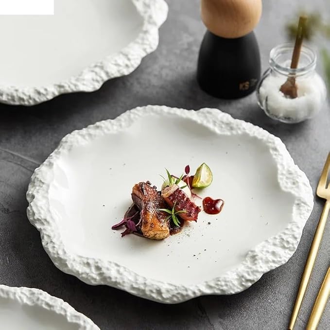 Reusable Plates Simple Solid Color Tableware Ceramic Pasta Steak Plate Dinner Creative Kitchen Irregular Shape Serving Tray Cooking Dishes(9.8 inch)