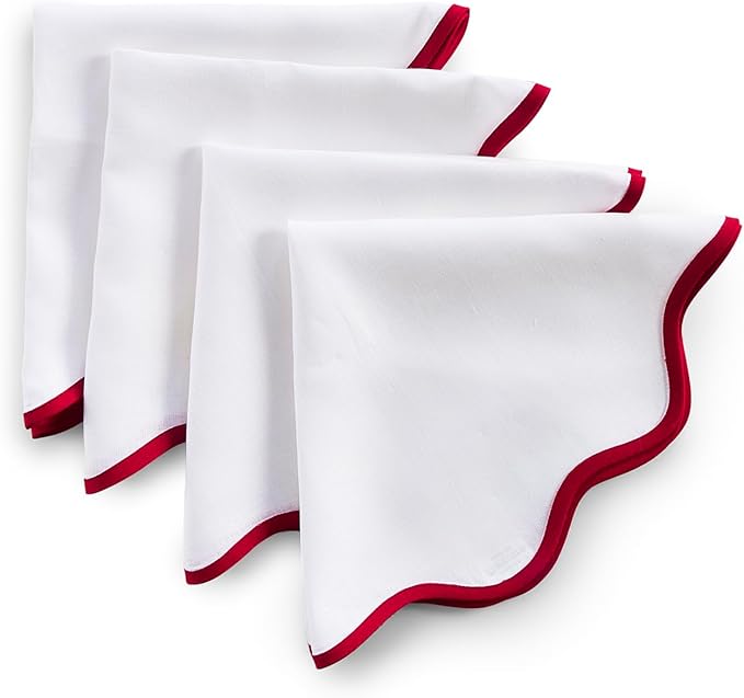 Solino Home Scallop Linen Napkins Set of 4-100% Pure Linen Red and White Dinner Napkins Cloth 20 Inch - Giselle Scallop Edge, Handcrafted and Machine Washable - Christmas, New Year