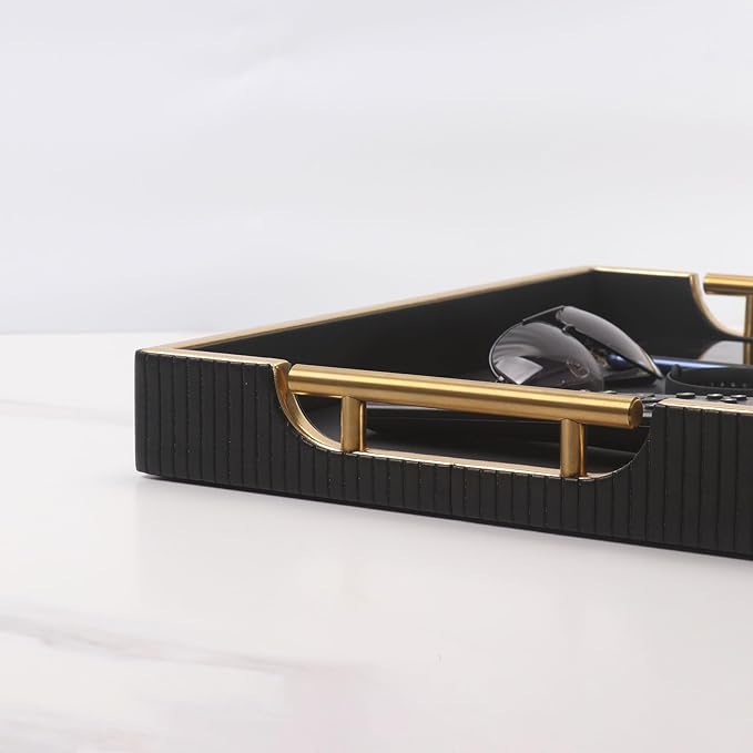Wooden Structure Leather Decorative Coffee Table Square Tray, Farmhouse Counter PU Tray - Room Serving Trays, Brushed Champagne Gold Handle (Black)