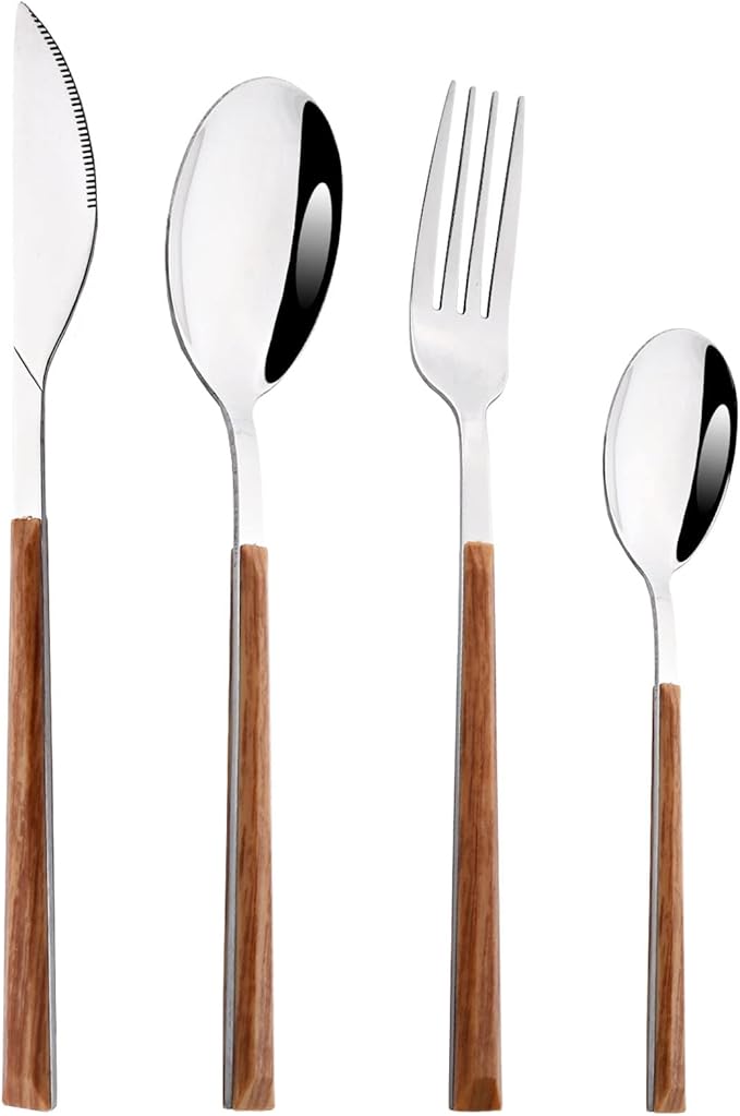 24Pcs Wooden Handle Flatware Silverware Set, Stainless Steel Cutlery Set for 6, Square Handle Eating Utensils, Mirror Polished for Home Kitchen Bar Restaurant