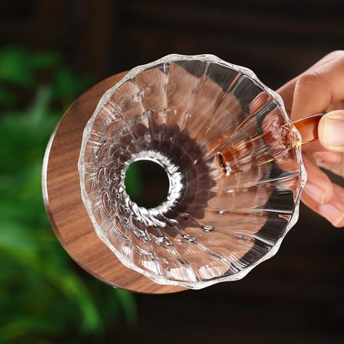 Transparent Glass Coffee Dripper Coffee Filter Holder Coffee Filter Cone with Wooden Pad Coffee Funnel,Coffee Filter Holder with Handle