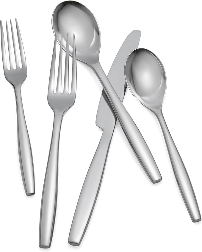 nambe Aidan Flatware Set, 45-Pc Set, 18/10 Mirror Stainless Steel Silverware Cutlery Set, Designed for Home Kitchens or Restaurants, Service for 8 and a 3pc Hostess Utensil Set, Dishwasher Safe