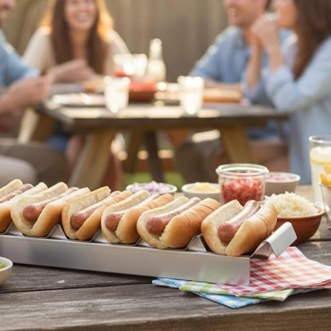 Soro Essentials- 7 Compartment Stainless Steel Hot Dog Make-Up Tray -Taco Holder Hot Dog Corn Dogs Breakfast Sausage Tray Picnic Cart Accessories Easy Way to Serve Tacos and Hotdogs Home Outdoor Party