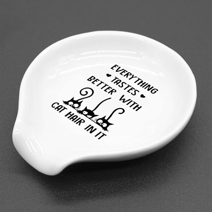 Funny Black Cats Coffee Spoon Rest-Black and White Ceramic Coffee Spoon Holder-Every Thing Tastes Better With Cat Hair Sign-Gifts for Cat Lovers