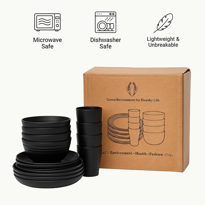 16 PCS Wheat Straw Dinnerware Set, Unbreakable Plates Bowls Cups for 4, Lightweight Microwave & Dishwasher Safe Tableware, Reusable Kitchen Set for Camping, Picnic, RV, Family Use (Black)