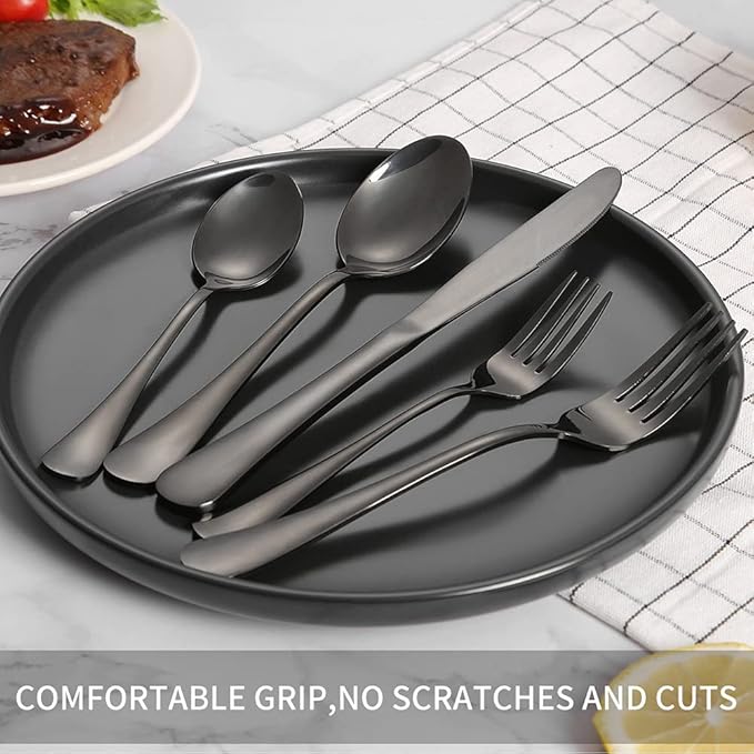 Black Silverware Set 40 Piece for 8, Stainless Steel Flatware Cutlery Set with Forks and Spoons, Kitchen Utensils Set, Dishwasher Safe