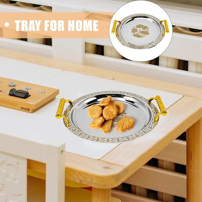 Elegant Round Gold Pattern Stainless Steel Serving Tray European Style Buffet Plate for Fruit Dessert Jewelry Storage and Home Decor