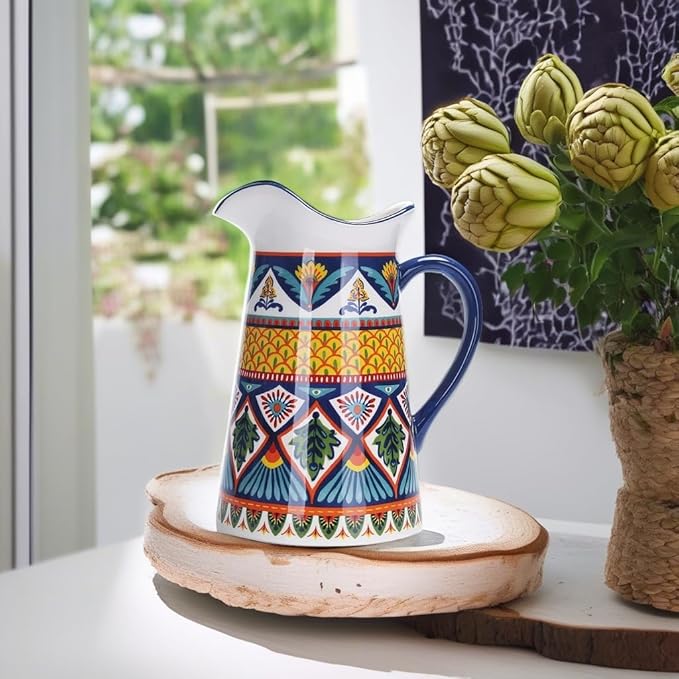 Bico Havana Ceramic 2.5 Quarts Pitcher with Handle, Decorative Vase for Flower Arrangements, Dishwasher Safe