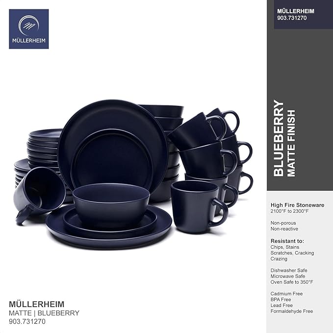 MÜLLERHEIM 903 Minimalist Collection 32-Piece Contemporary Ceramic Stoneware Dinnerware Sets for 8, Blueberry Plates and Bowls sets, Dinner Plates Set, Salad Dish Set, Bowls, Cup