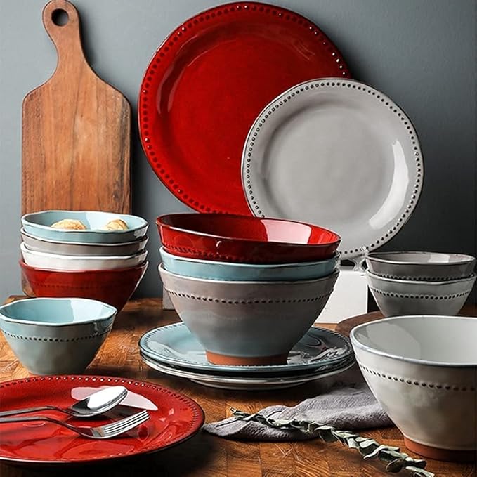 Dining Plate Set 14 Pcs Dinnerware Sets Creative Porcelain Tableware Set with Plates and Bowls Three-Colors Ceramic Dinner Set for Home Kitchen