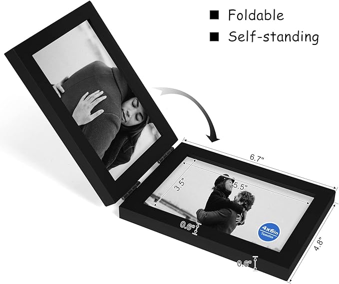 4x6 Double Horizontal Hinged Picture Frame Folding Photo Frame in Black Pine Wood with Real Glass for Tabletop P-HEI-2H46
