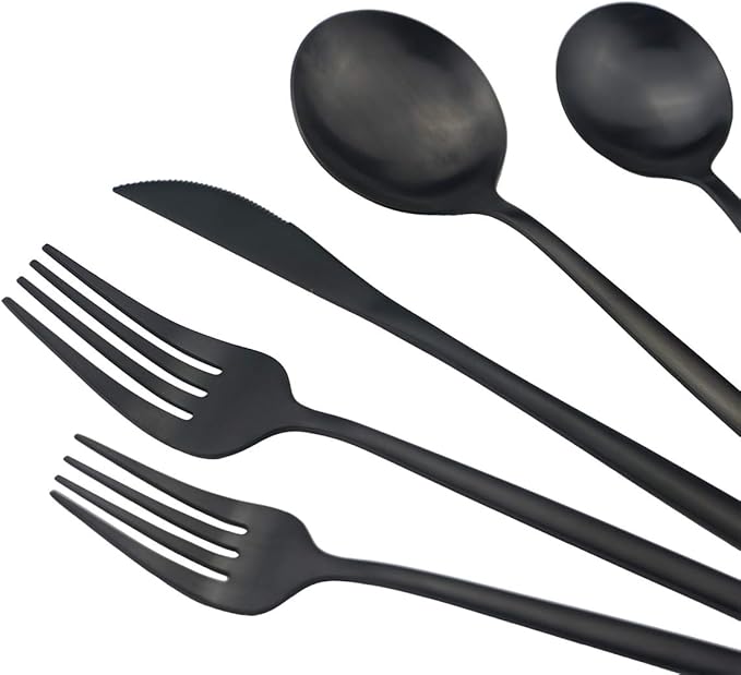 Matte Black Silverware Set, Uniturcky Satin Finish 20-Piece 18/10 Stainless Steel Flatware Set Knife Fork Spoon, Tableware Cutlery Sets Service For 4,Utensils For Kitchens Camping And Party