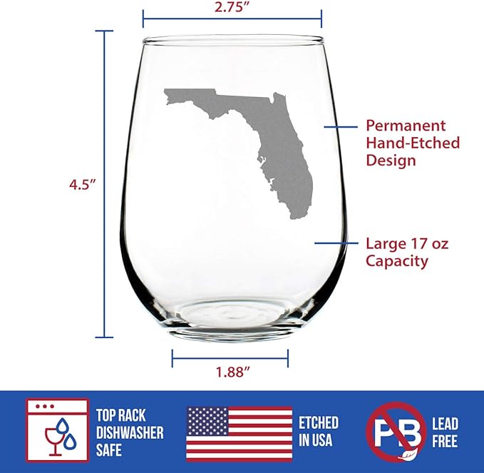Bevvee Florida State Outline Stemless Wine Glass - State Themed Drinking Decor and Gifts for Floridian Women & Men - Large 17 Oz Glasses