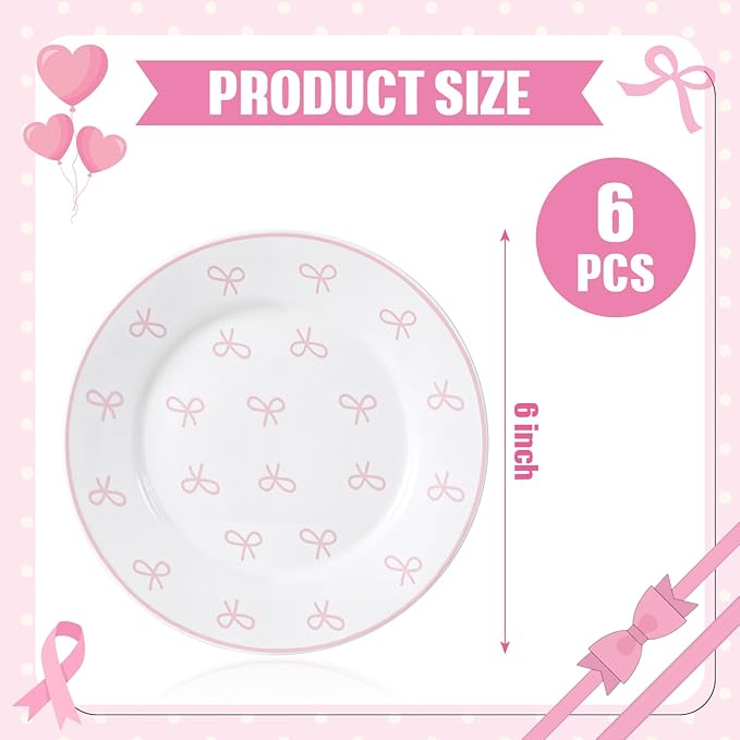 Honeydak 6 Pcs 6 Inch Pink Bow Ceramic Plates Coquette Bachelorette Tableware Decorations Pink Dinner Appetizer Dessert Dishes for Bow Theme Tableware Party Supplies for Birthday Party Table Decor