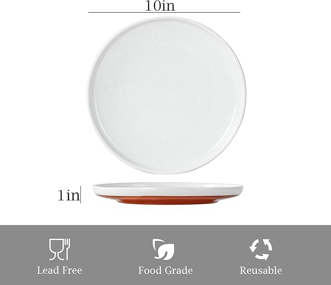 Ceramic Dinner Plates, 10.25 Inch Flat Dish Set for 4, Perfect for Family and Entertaining, Microwave & Dishwasher Safe, Dinner Dishes for Steak, Sandwiches, Pizza, Pasta, Elegant White