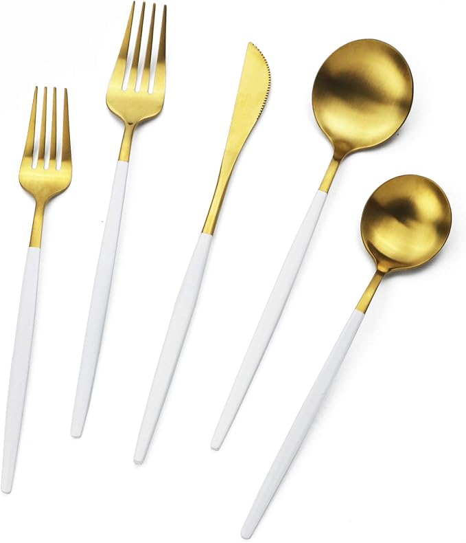 Gold Silverware Set JASHII 40 Pieces Matte Flatware Set 304 Stainless Steel Flat Cutlery Set for 8 White Handle Forks Knife Spoons Set, Satin Finish Tableware Set for Home Restaurant Dishwasher Safe