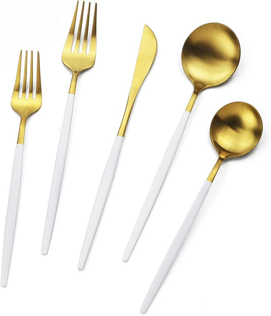 Gold Silverware Set JASHII 40 Pieces Matte Flatware Set 304 Stainless Steel Flat Cutlery Set for 8 White Handle Forks Knife Spoons Set, Satin Finish Tableware Set for Home Restaurant Dishwasher Safe