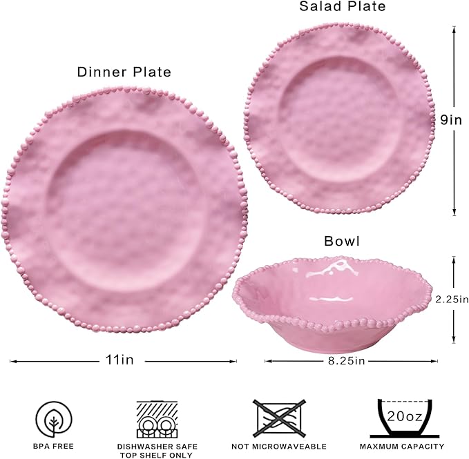 Pink Dishes Melamine Dinnerware Sets, 18 Piece Kitchen Plates and Bowls tableware Set, Lightweight, BPA free Beaded Serving Dishes for Girls, Valentine's Day, Mother's Day. Service for 6.