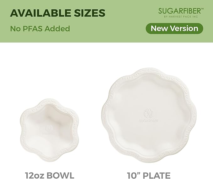 [400 COUNT]12oz Compostable Floral White Paper Bowls - Acanthus Collection Natural Sugarcane Disposable Bagasse Bowls Eco Friendly Plastic-Free ice cream Bowl Elegant - New Version