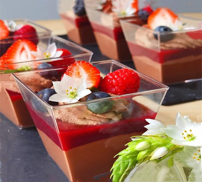 2oz Clear Dessert Cups with Spoons, 50Pcs Reusable Mini Square Dessert Cups, Mini Transparent Appetizers Serving Bowl for Desserts Mousses,Puddings