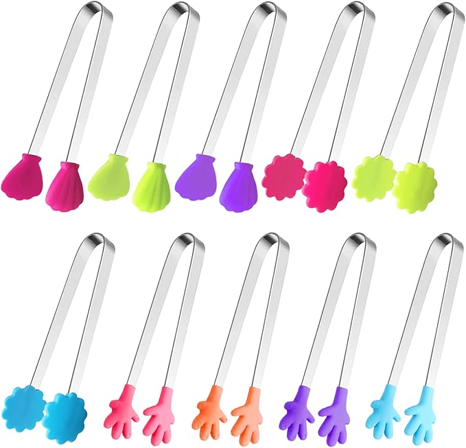 10PCS Silicone Mini Tongs, 5Inch Hand Shape Food Tongs, Colourful Small Kids Tongs for Serving Food, Ice Cube, fruits, Sugar, Barbecue by Sunenlyst (Palm flower assorted)