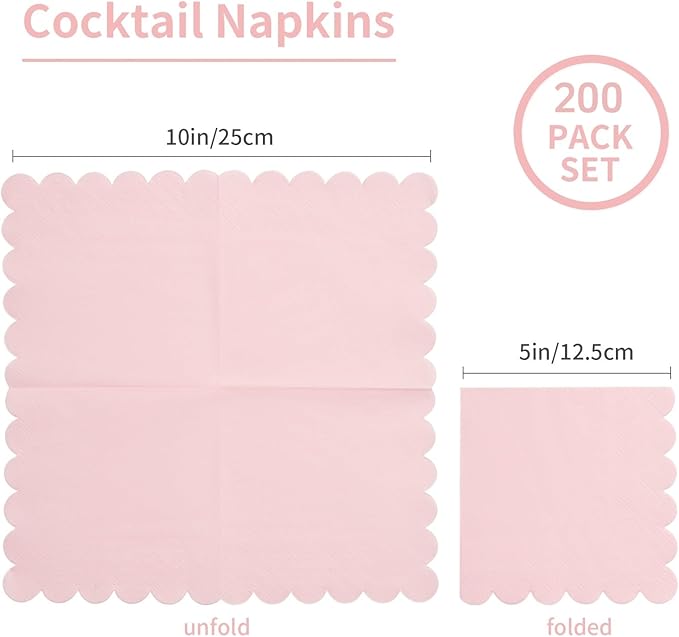 200 Pack Cocktail Napkin 2-Ply Scalloped Edged Dessert Napkins Folded 5 x 5 Inches Disposable Napkins for Dinner Wedding Birthday Party Bridal Anniversary Reception Event (Pink)