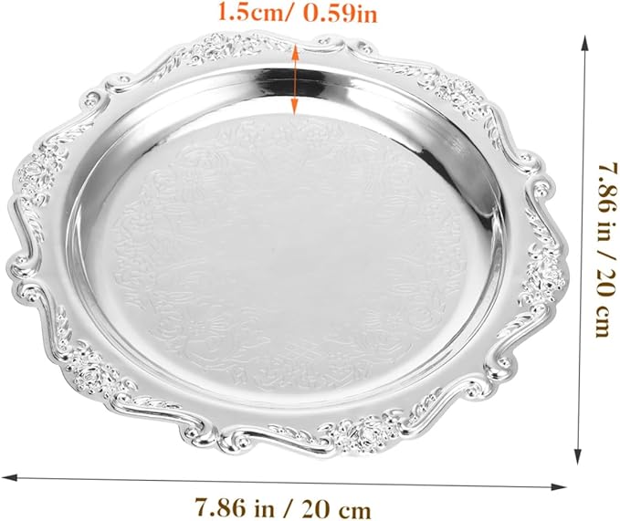 VICASKY 8 Inch Silver Metal Serving Tray - Elegant Platter for Food, Snacks, Jewelry Display & Home Decor, Vintage Style Dessert Tray with Handles (Silver, Heavy Duty)