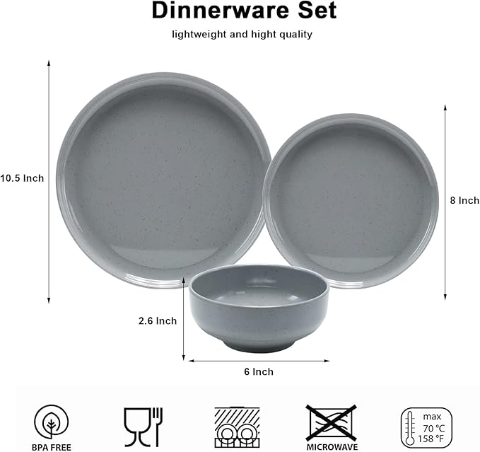 Melamine Dinnerware Sets for 4, 12Pcs Kitchen Plates and Bowls Set, Unbreakable Dishes Set, Dishwasher Safe, Easy Clean, Lightweight for Outdoor Use, Best for RV, Camping (Grey)…