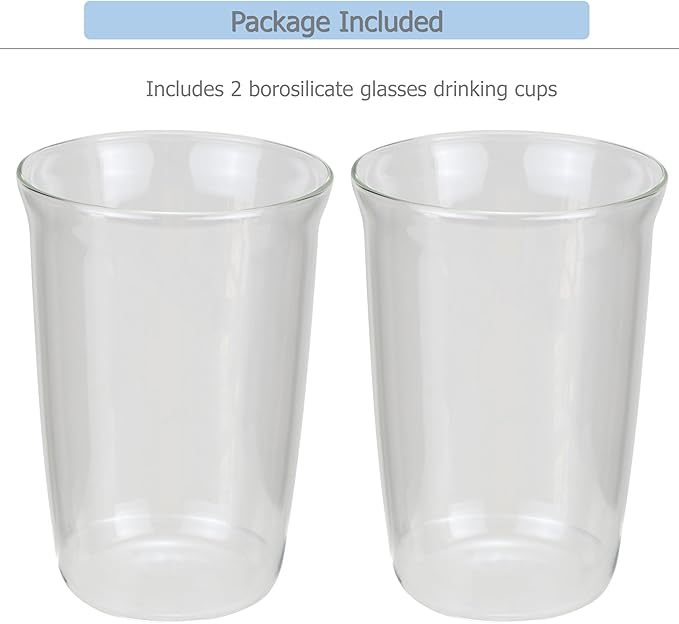 EIKS 2 Pack Crystal Clear Drinking Glasses Cups for Latte Coffee Tea Soda Juice Beer Cocktails Milk Hot and Cold Beverage, Capacity 460ml/15.5oz