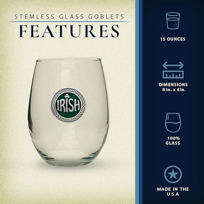Heritage Pewter Irish Stemless Glass Goblets – Set of 2 | 15 OZ Goblet Wine Glasses | Expertly Crafted Pewter Glass