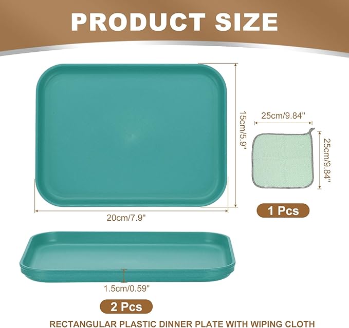 PATIKIL 7.9x5.9 Plastic Tray, 2 Pack Rectangular Plates Small Food Tray Wheat Plates Dishes Reusable Dessert Plate Trays with Cloth for Cake Fruits Salad Cupcake Steak Serving Dark Green