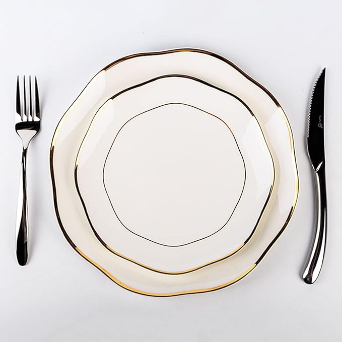 Dinner Sets, Dinnerware Series, 16-Piece White Porcelain Dinnerware Set, Gold Border Dish Set with Dessert Plates/Soup Plates/Dinner Plates and Bowls Sets, Tableware Service