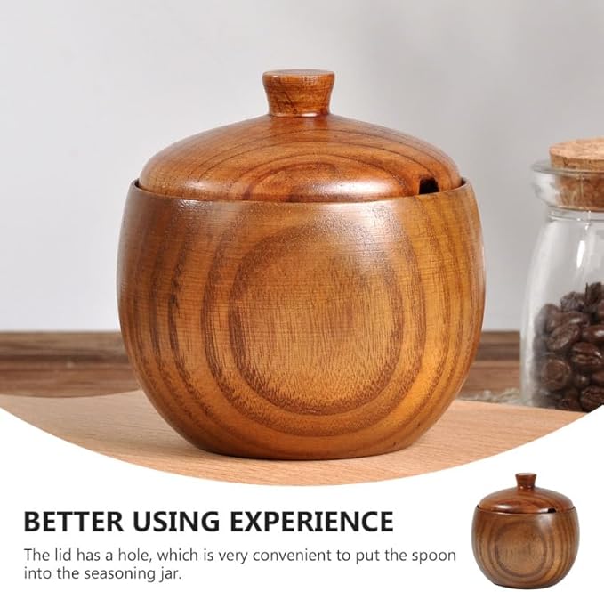 Zerodeko Solid Wood Seasoning Jar with Spoon Wooden Spice Jar with Lid Kitchen Condiment Holder for Table Ceramic Food Container for Salt Truffle and Spices