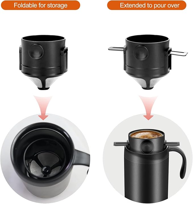 Irishom Portable Coffee Maker Stainless Steel Vacuum Insulated Travel Coffee Dripper Set Double Mesh Filter Foldable Design for Camping Office Backpacking (Black)