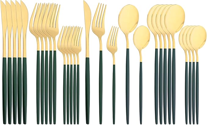 30-Piece Snplowum Mirror Flatware Serving Set, 18/0 Stainless Steel Dinnerware With Green Handle, Modern Durable Home Kitchen Eating Tableware Set Service For 6 (Green Gold)