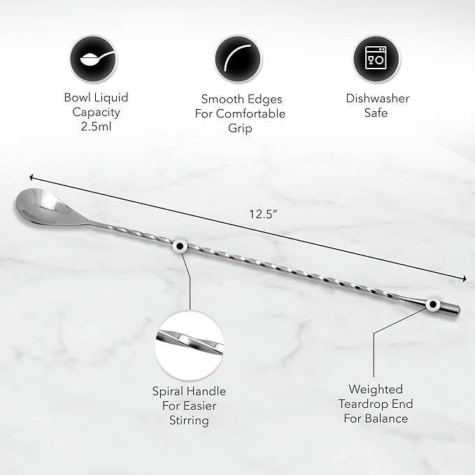 Professional Bartending Set for Shaken and Stirred Drinks: Boston Cocktail Shaker, Hawthorne Strainer, Japanese Jigger, Bar Spoon and Crystal Mixing Glass
