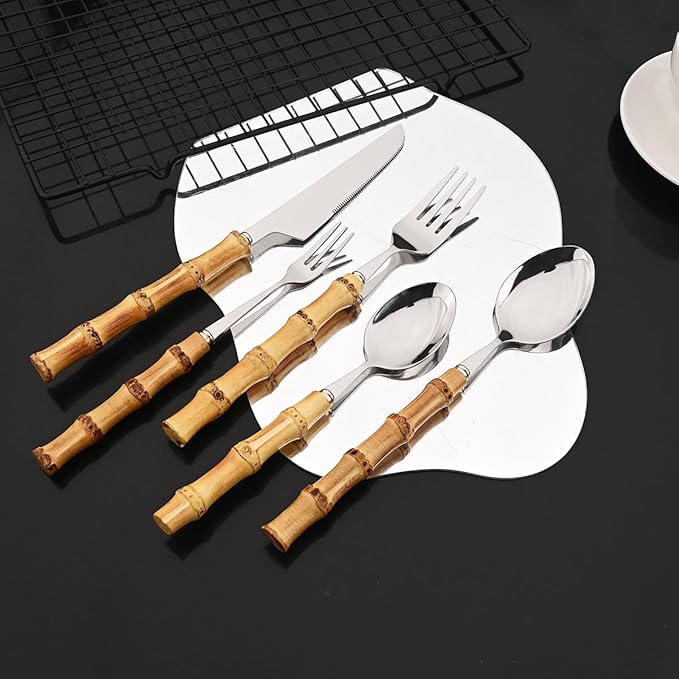 JASHII 20-piece Silver Stainless Steel Flatware Cutlery Set Silverware Knife Fork Spoon Set Bamboo Handle Dishwasher Safe for Dinner Buffet