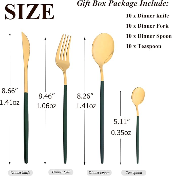 40 Pcs Silverware Set With Teaspoon For 10, Food Grade Stainless Steel Utensils Tableware Set, Elegant & Simple Flatware Serving Set Include Knife Fork Spoon, Mirror (Green Gold)