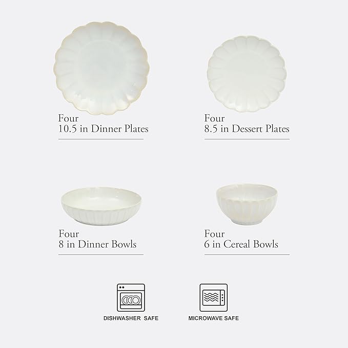 Gibson Elite Malibu Shore 16 Piece Scallop Stoneware Reactive Glaze (Service for 4) Ceramic Plates and Bowls Dinnerware Set - Shiny Cream White