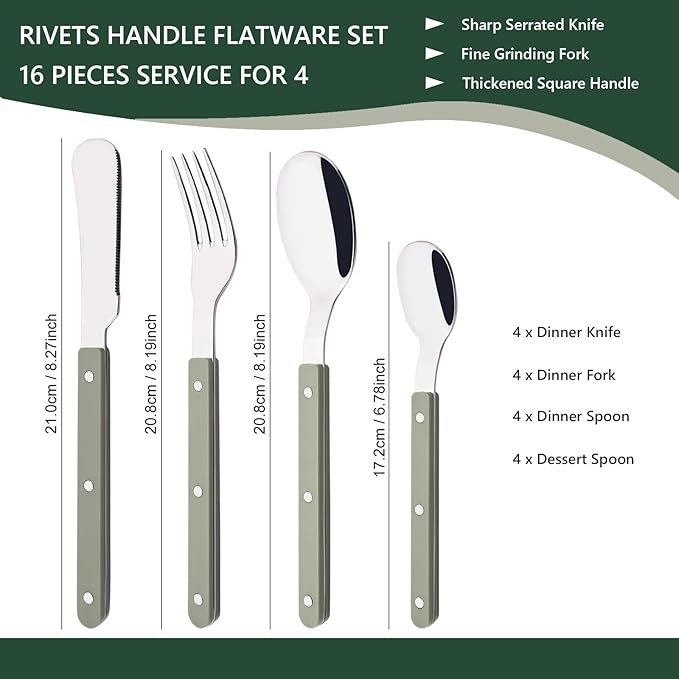 Green Handle Silverware Set, Uniturcky 16-Piece Stainless Steel Flatware Set for 4, Tableware Eating Utensils for Daily Use and Party, Camping Cutlery Set with Color Handle