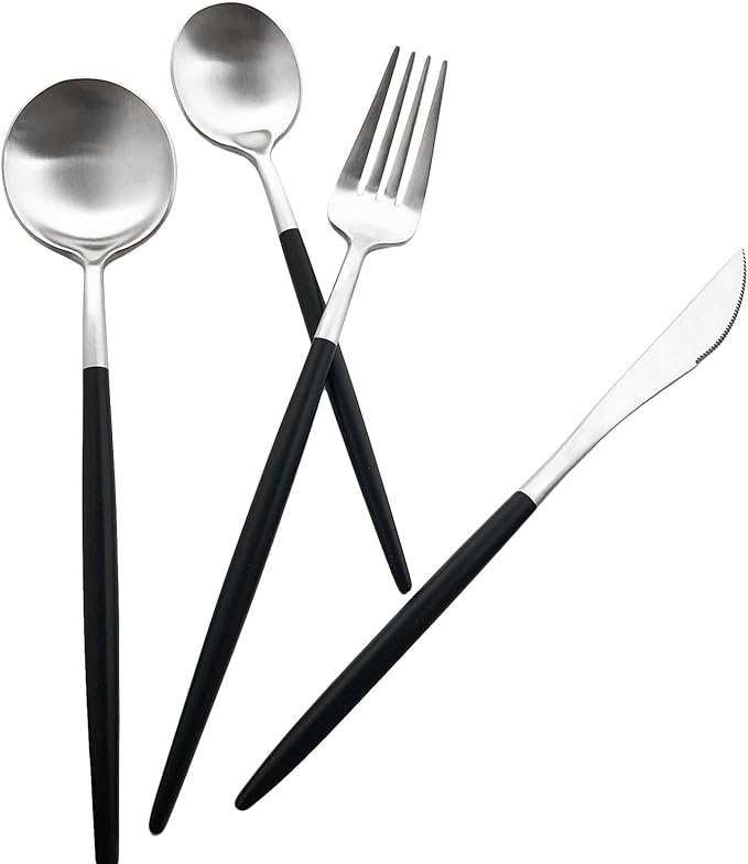Matte Silverware Set, 10-Piece 18/10 Stainless Steel Satin Finish Flatware Set Service for 2, Kitchen Utensil Set, Tableware Cutlery Set for Home Restaurant (Black Handle Silver, 10-Piece)