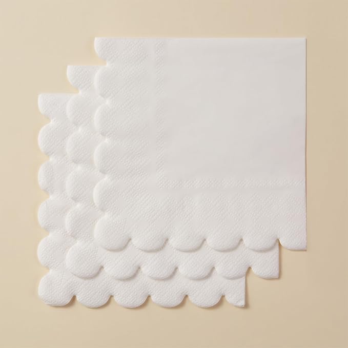 200 Pack Cocktail Napkin 2-Ply Scalloped Edged Dessert Napkins Folded 5 x 5 Inches Disposable Napkins for Dinner Wedding Birthday Party Bridal Anniversary Reception Event (White)