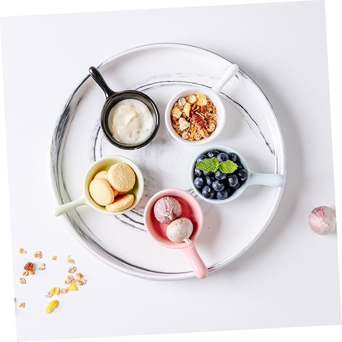 ABOOFAN Japanese Style Ceramic Dipping Sauce Dish Handle Mini Appetizer Plate for Snacks and Fruits Black and White 4-Piece Set for Kitchen Seasoning and Serving