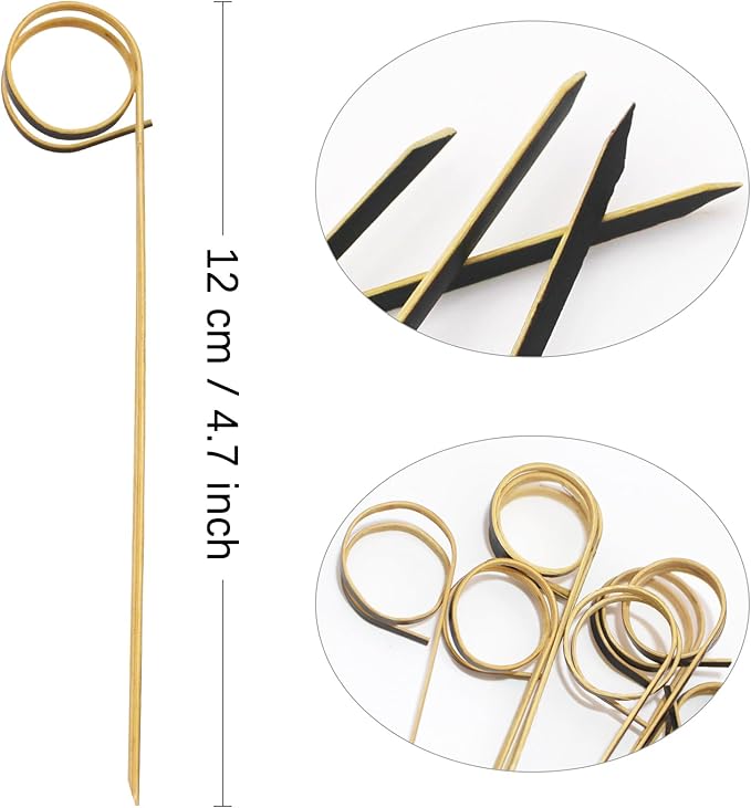 100pcs 4.7 IN Bamboo Cocktail Picks with Ring Knot,Black,for Cocktail Party, Barbeque, Club Sandwiches