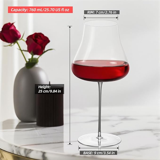 KAMMAK Wine Glasses Set of 2, 25.7 oz Hand Blown Crystal Bordeaux Wine Glasses, Thin Rim & Long Stem, Perfect for Red & White, Daily Use, Wedding or Birthday Gift with Gift Box, 3337