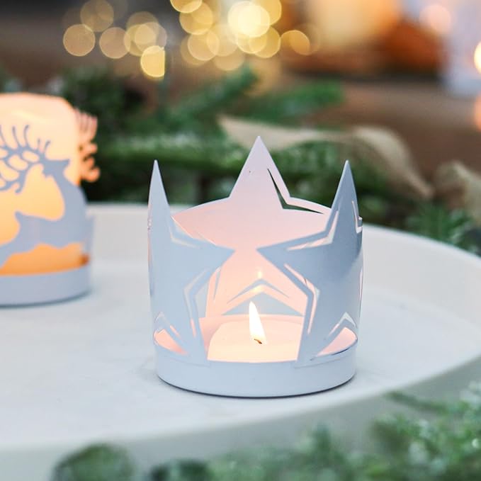 Christmas Candle Holders Set of 4, Metal Christmas Table Decor Centerpiece Pillar Tealight Votive Candle Holders, Vintage Indoor Christmas Table Decorations 4PCS
