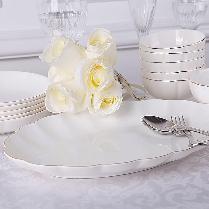 56 Pieces Dinnerware Set for 12 People, Porcelain Bone China Kitchen Dinning White Round Dinner Tableware Combination Set with Cereal Bowls Dessert Plates Dishes and Soup Pot,